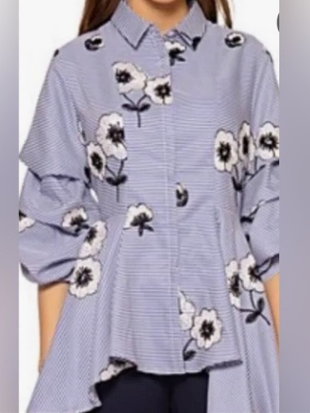 Floral Asymmetric Button-Up Top - Blue